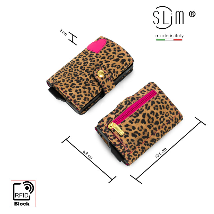 SLim®️ Vera Pelle Animalier Leopard Fucsia con zip porta monete