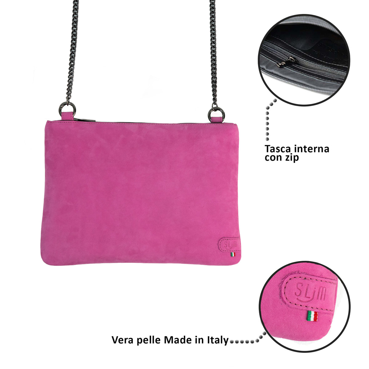Pochette con Tracolla Vera Pelle Nabuk Fucsia