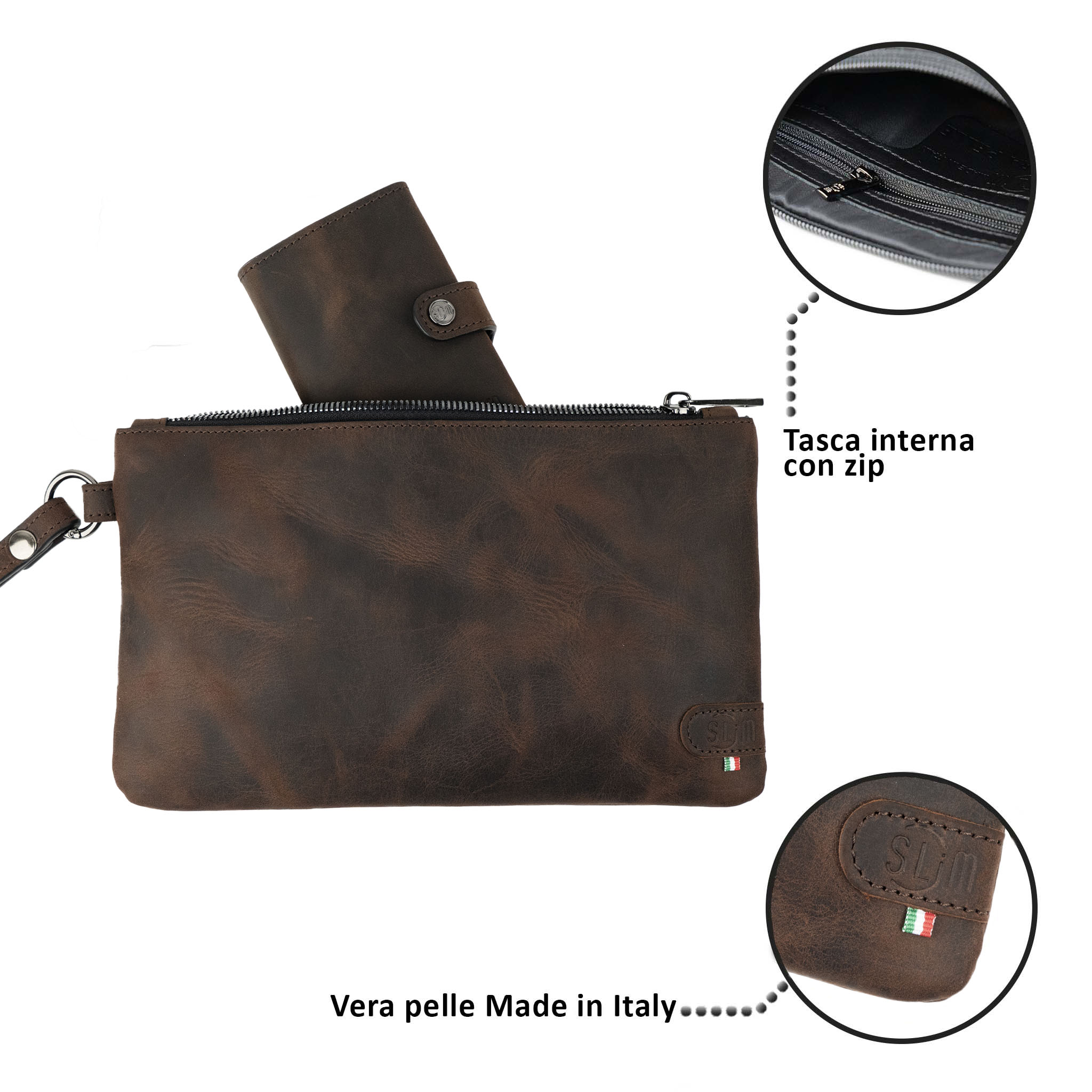 Pochette con Polsiera Vera Pelle Crazy Horse Dark Brown