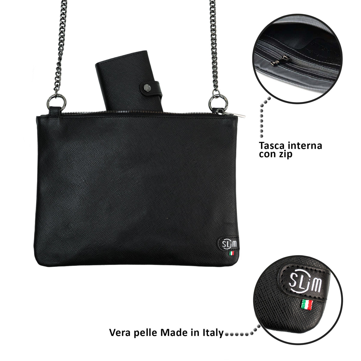 Pochette con Tracolla Vera Pelle Saffiano Nero