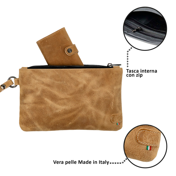 Clutch Bag with Wristband in Genuine Crazy Horse Leather, Sand