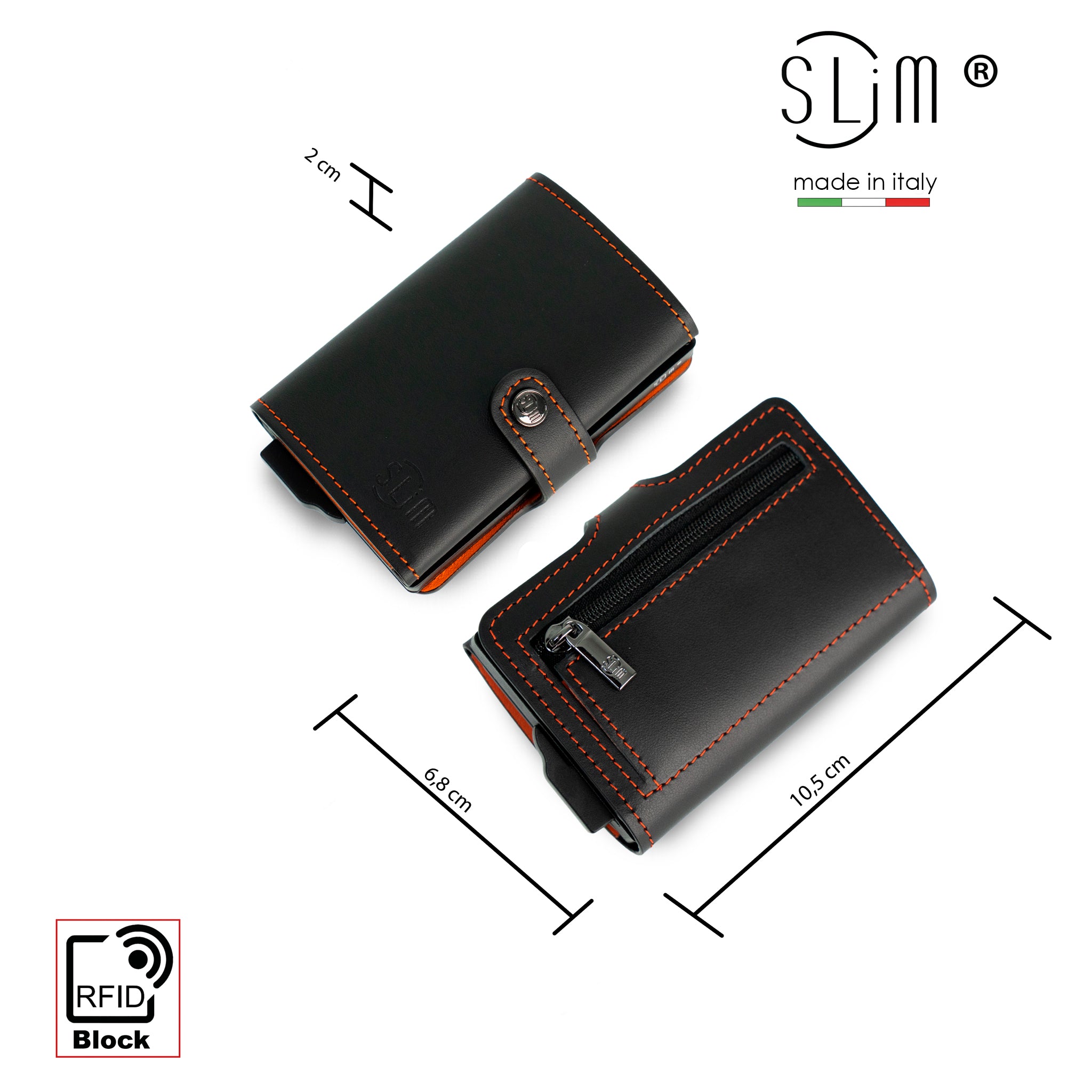 Porta Carte Vera Pelle Nero e Arancio con zip porta monete