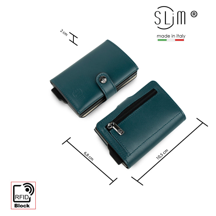 Porta Carte Vera Pelle Multicolor Blu Petrolio Con Zip