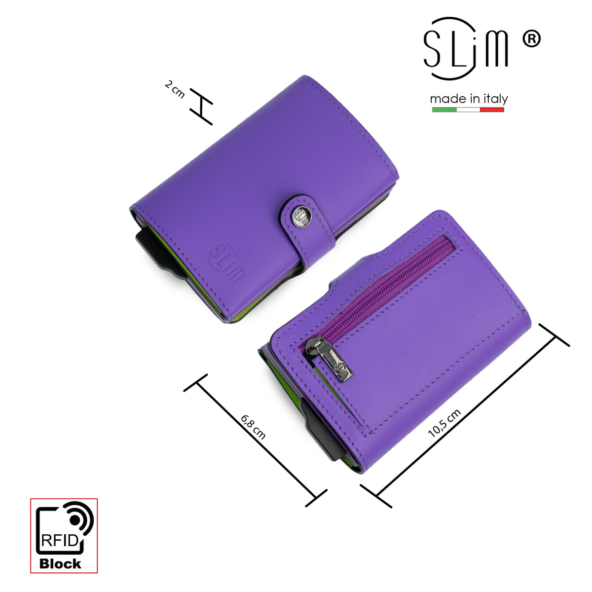 Porta Carte Vera Pelle Viola/Verde Lime con zip porta monete
