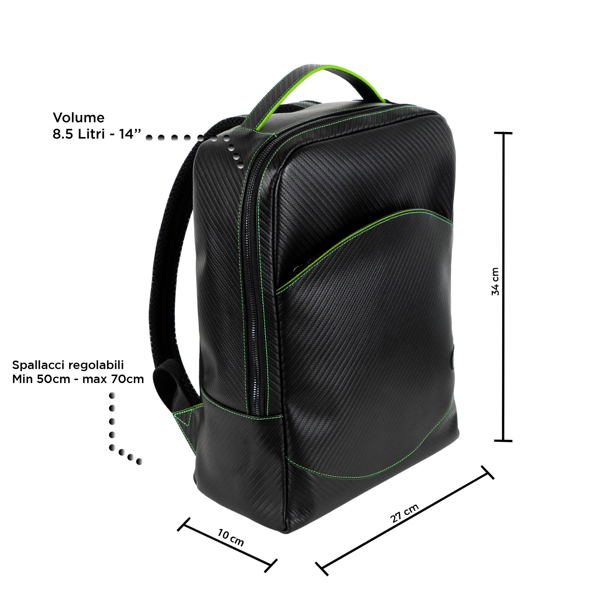Zaino Medio Vera Pelle Carbon Nero cuciture Verde Fluo