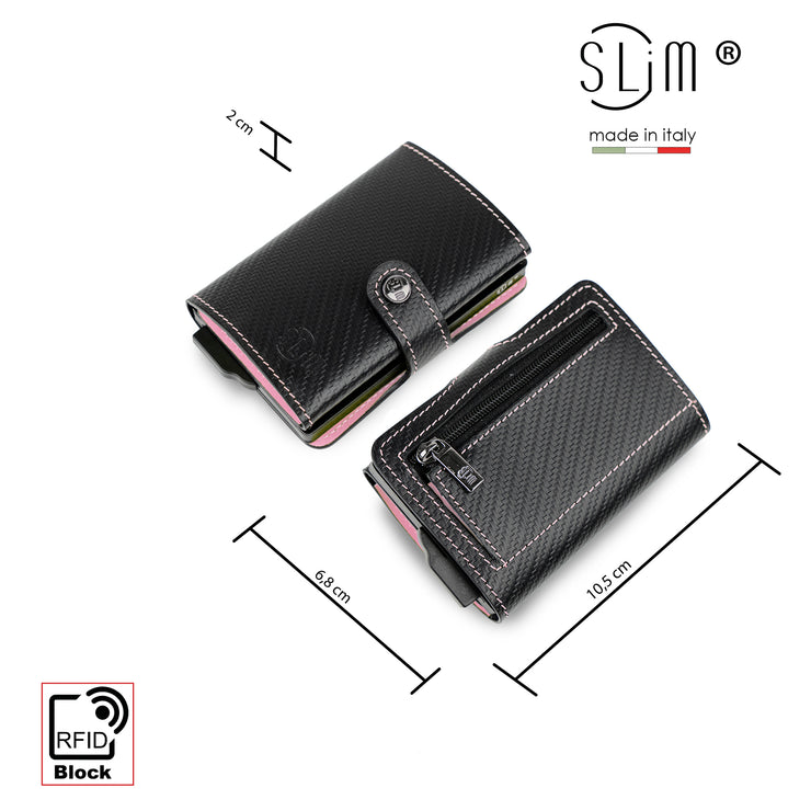 SLim®️ carbon style genuine leather wallet black/yellow with zip