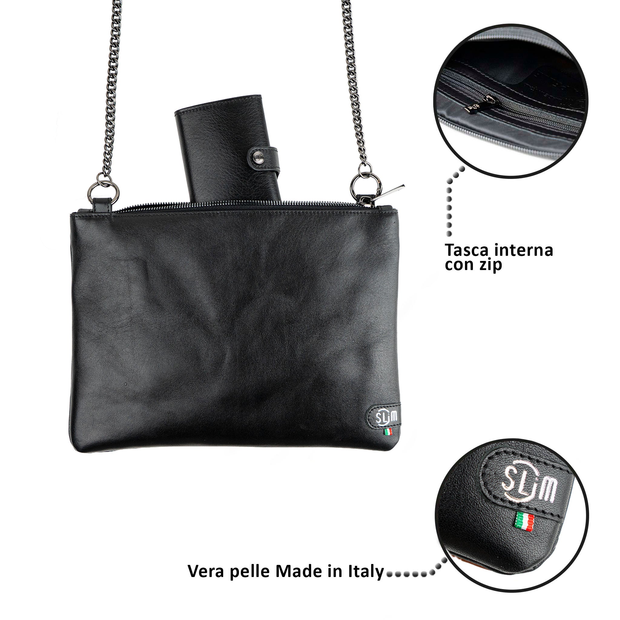 Pochette con Tracolla Vera Pelle Vegetale Nero