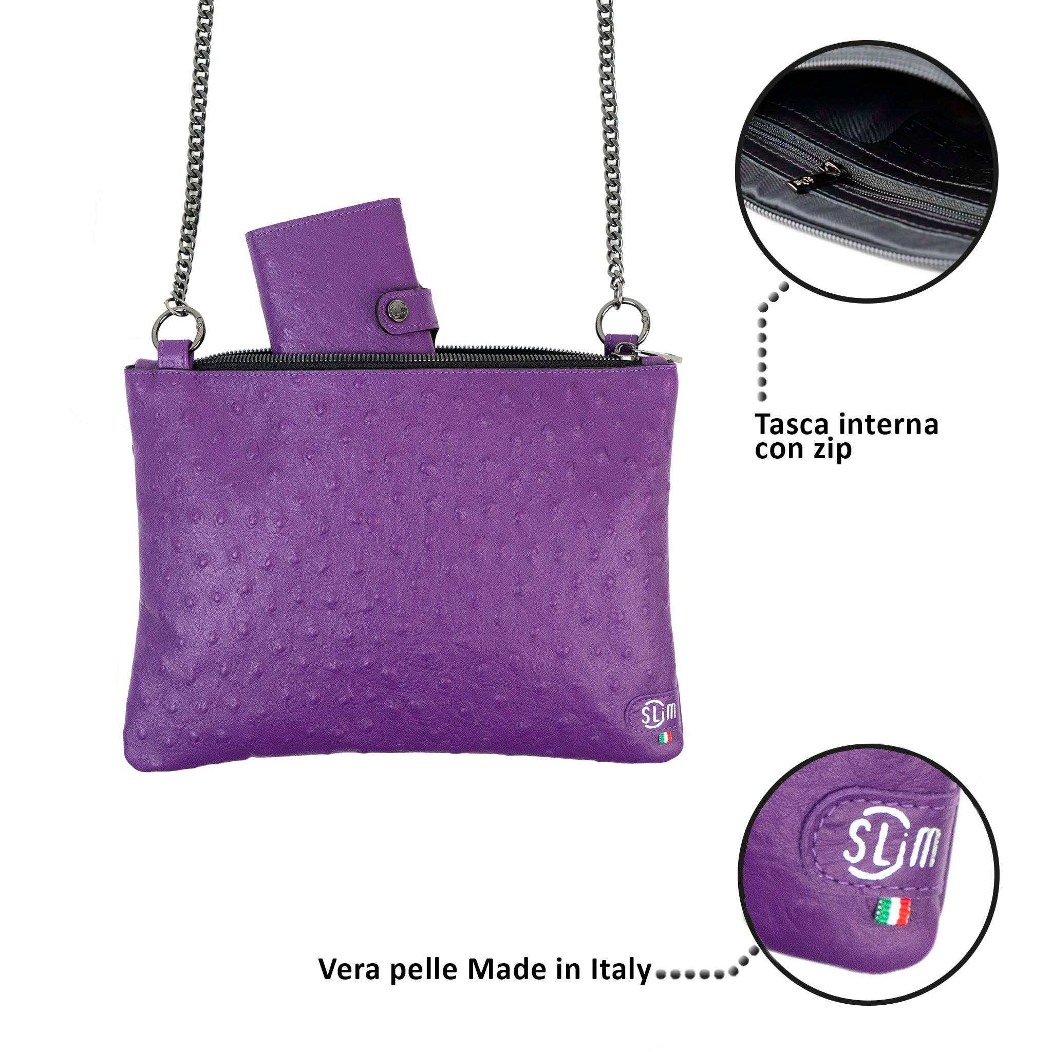 Pochette con Tracolla Vera Pelle Struzzo Viola