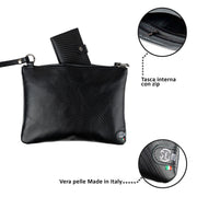 Pochette Modello Grande con Polsiera Vera Pelle Carbon Nero
