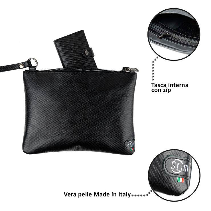 Pochette Modello Grande con Polsiera Vera Pelle Carbon Nero