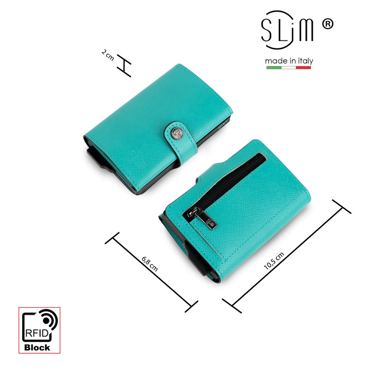 Porta Carte Vera Pelle Saffiano Anti Graffio Turchese con Zip