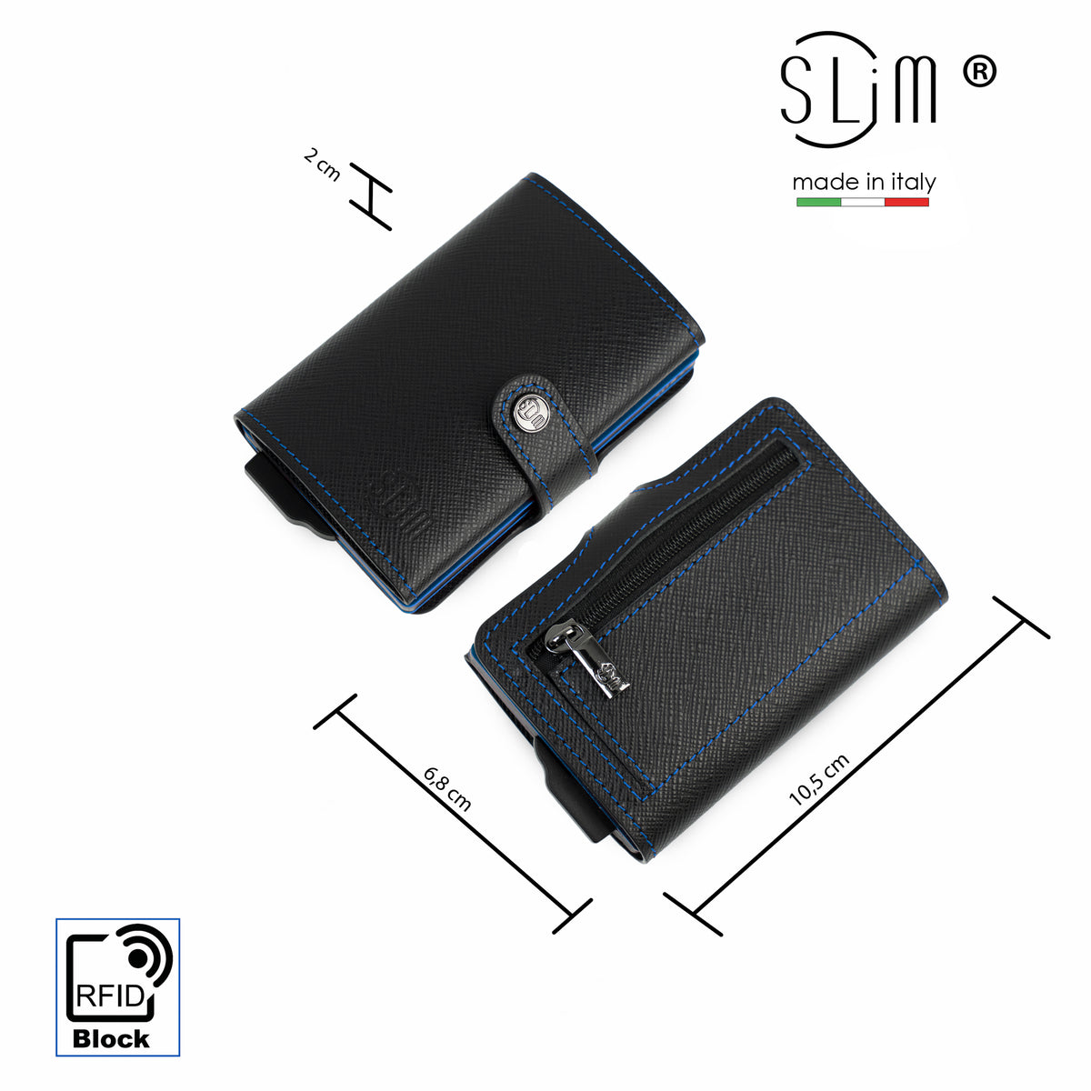 Portacarte Vera Pelle Saffiano Nero Cuciture e Cassa Blu