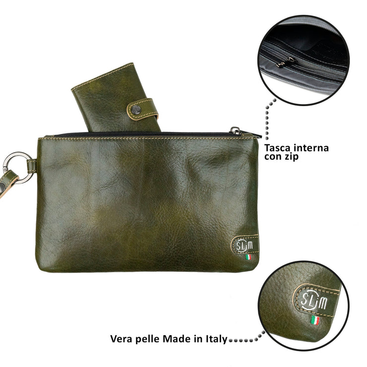 Pochette con Polsiera Vera Pelle Vegetale Verde