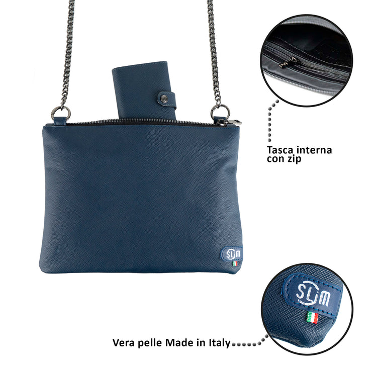 Pochette con Tracolla Vera Pelle Saffiano Blu
