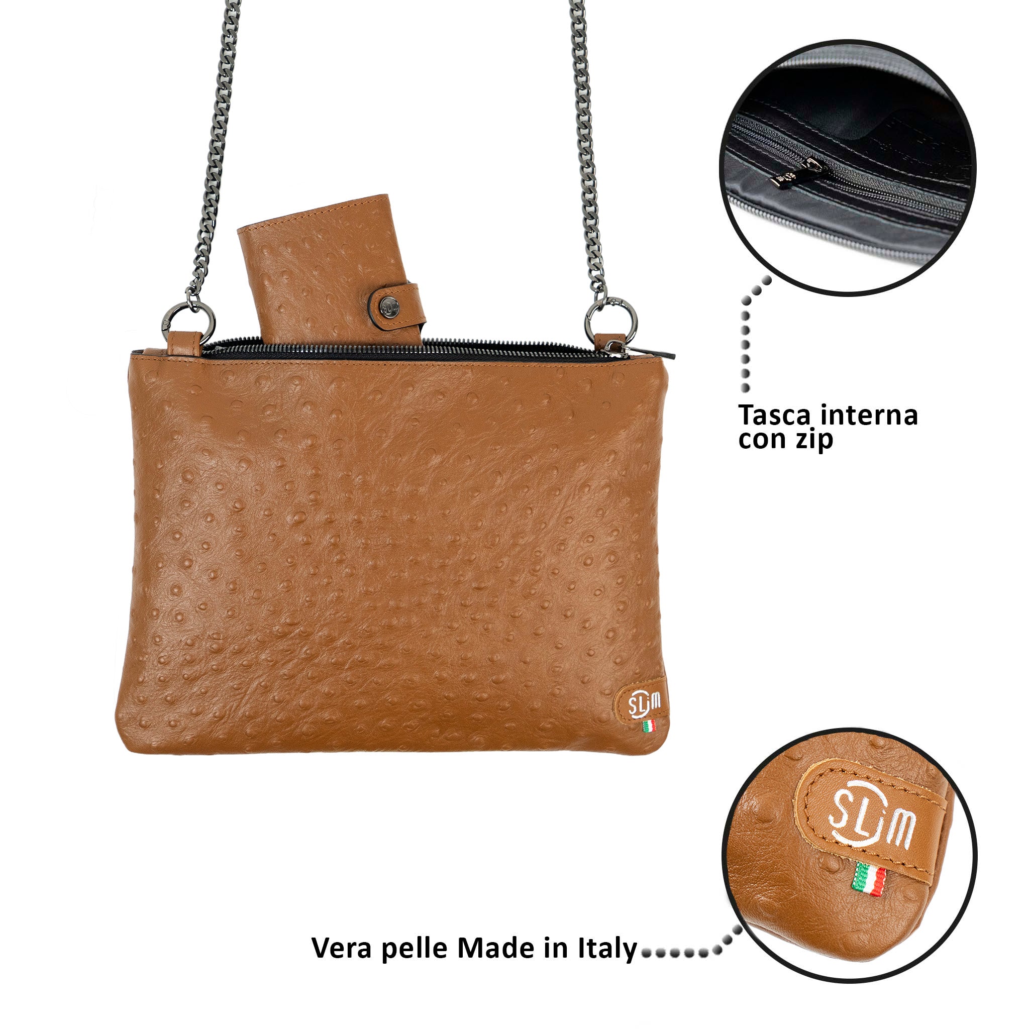 Pochette con Tracolla Vera Pelle Struzzo Marrone