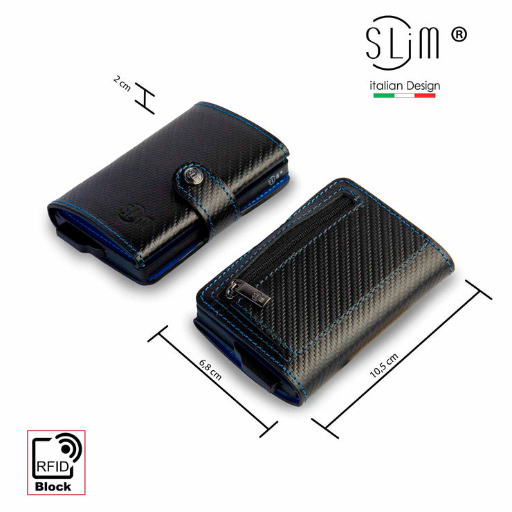 SLim®️ carbon style genuine leather wallet black/blue with zip