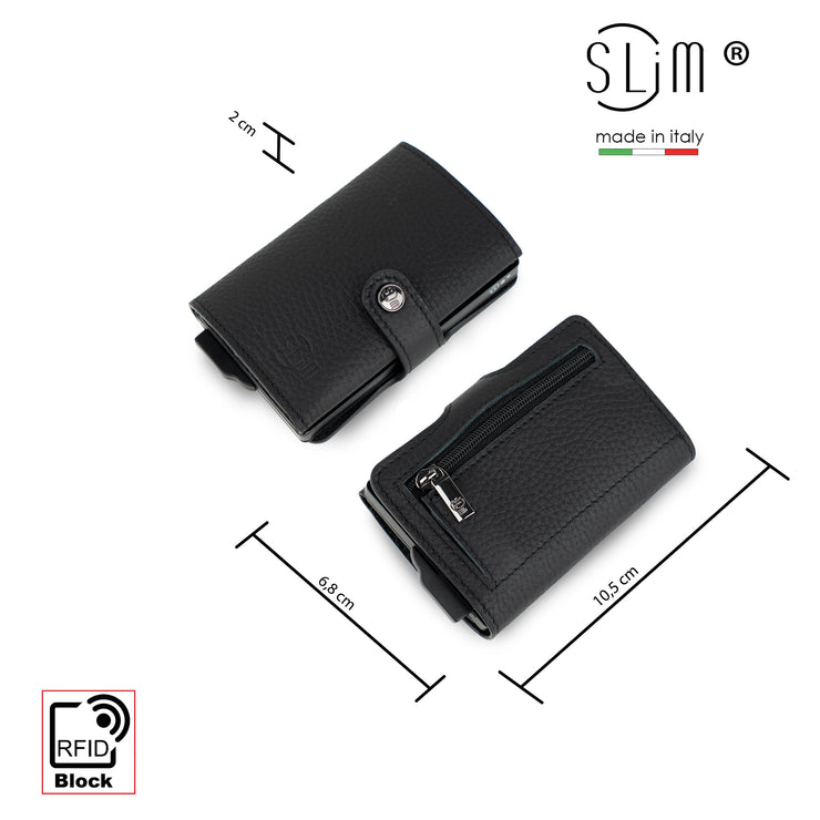 SLim®️ drummed genuine black leather wallet with coin pocket zip