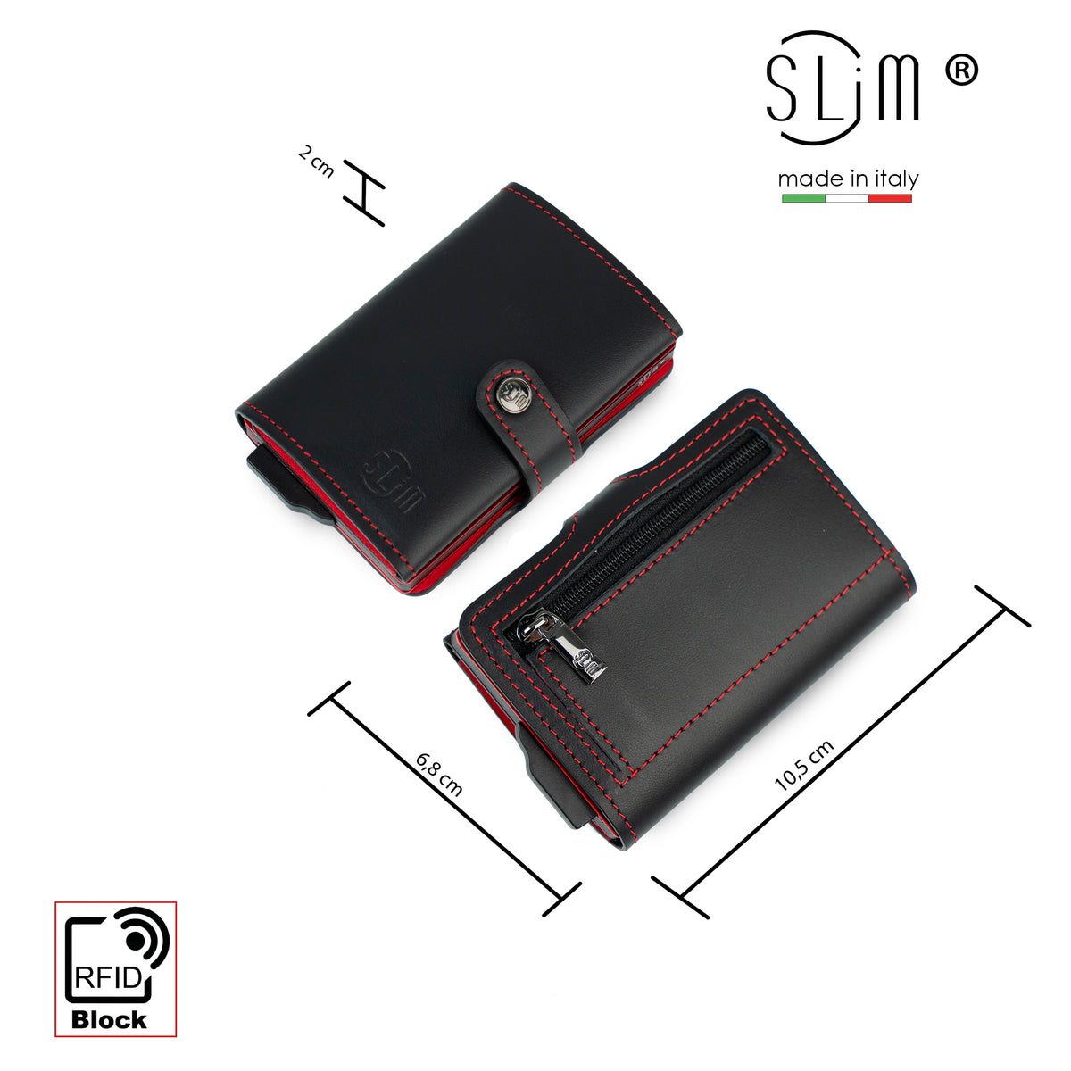 Porta carte Vera Pelle Nero Rosso con zip porta monete