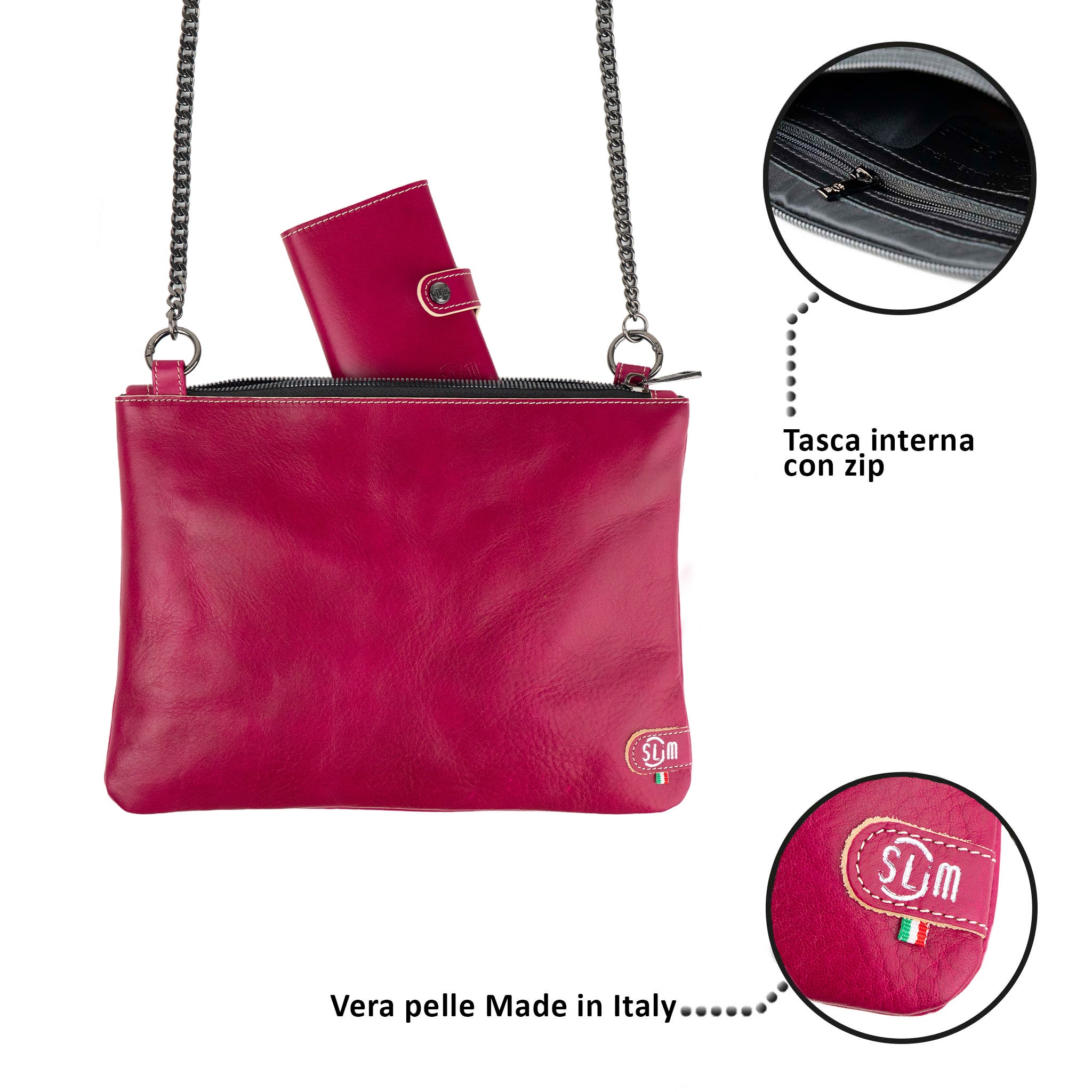 Pochette con Tracolla Vera Pelle Vegetale Fucsia