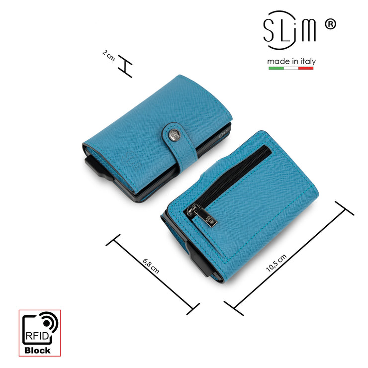 SLim®️ Genuine Saffiano Leather Card Holder, Scratch-Resistant, Blue
