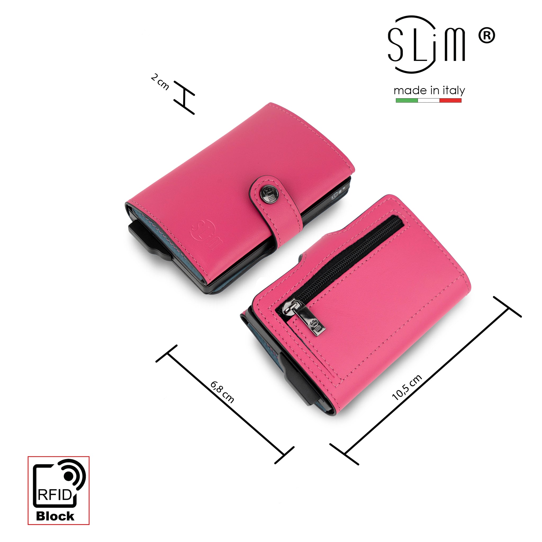 Porta Carte Vera Pelle Fucsia e Azzurro con zip porta monete
