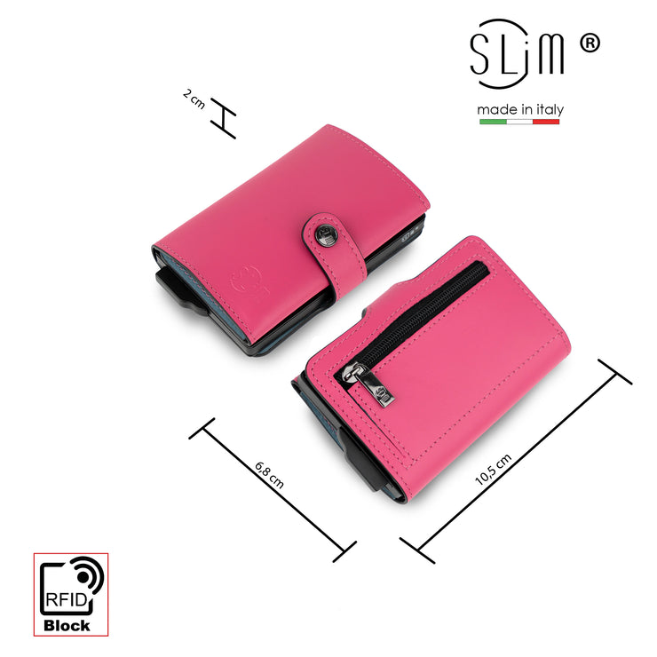 SLim®️ genuine leather wallet in fuchsia and blue with zip coin pocket
