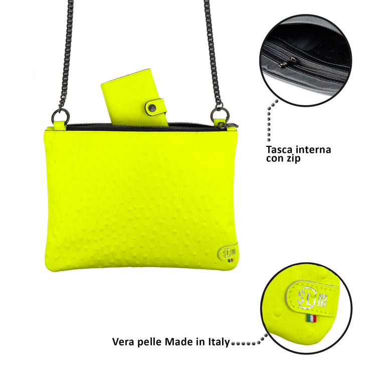 Pochette con Tracolla Vera Pelle Struzzo Giallo Fluo