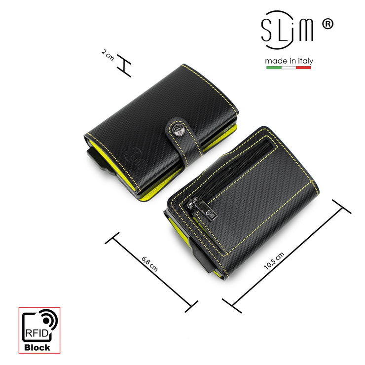 SLim®️ carbon style genuine leather wallet black/yellow with zip