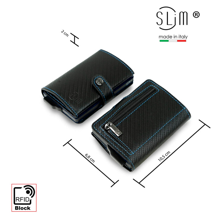 SLim®️carbon style genuine leather wallet with case and blue stitching