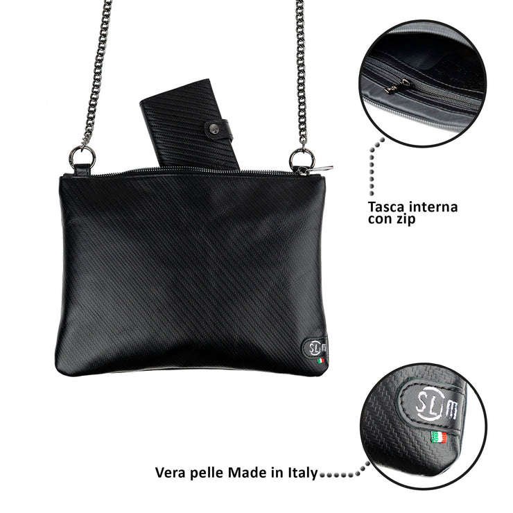 Pochette con Tracolla Vera Pelle Carbon Nero