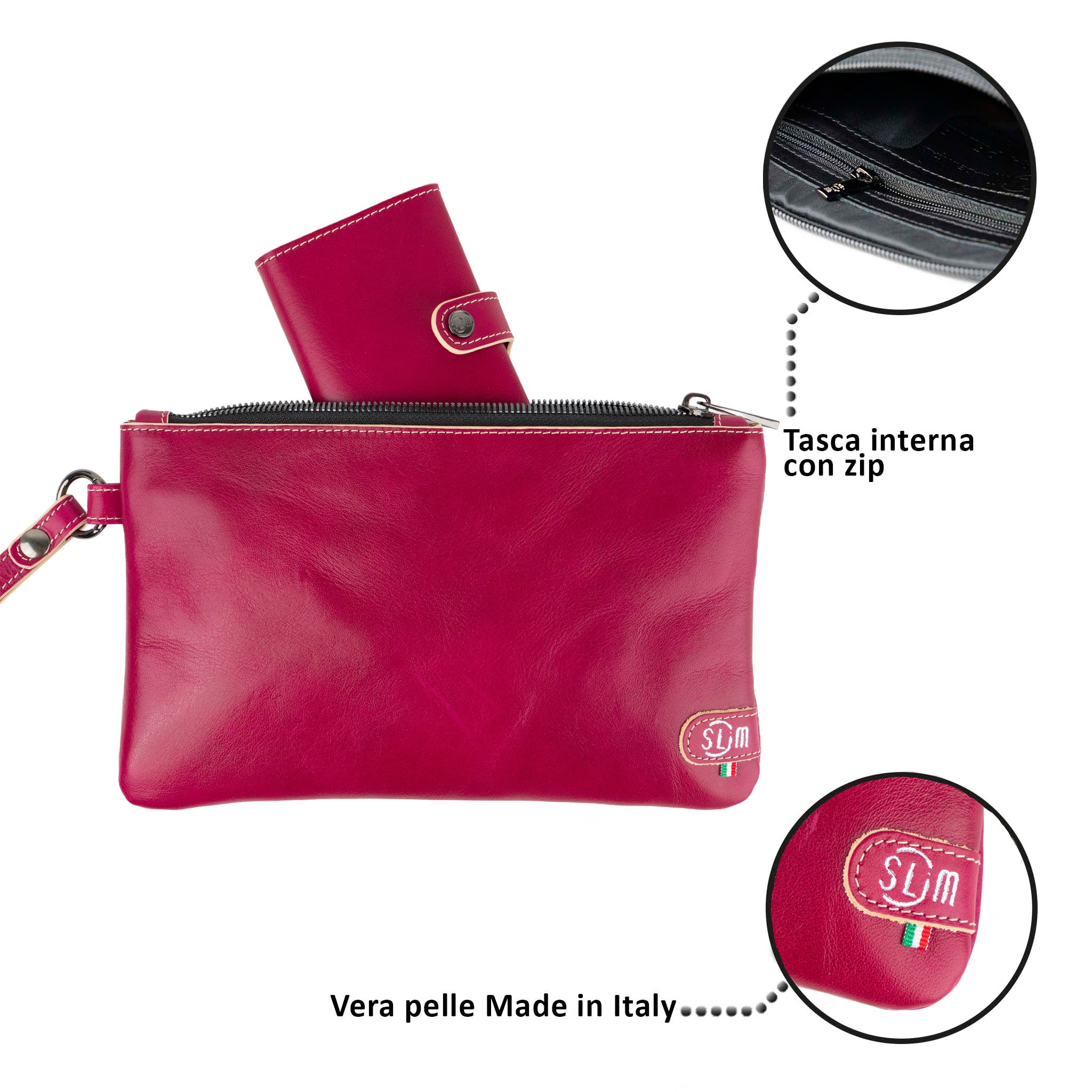 Pochette con Polsiera Vera Pelle Vegetale Fucsia