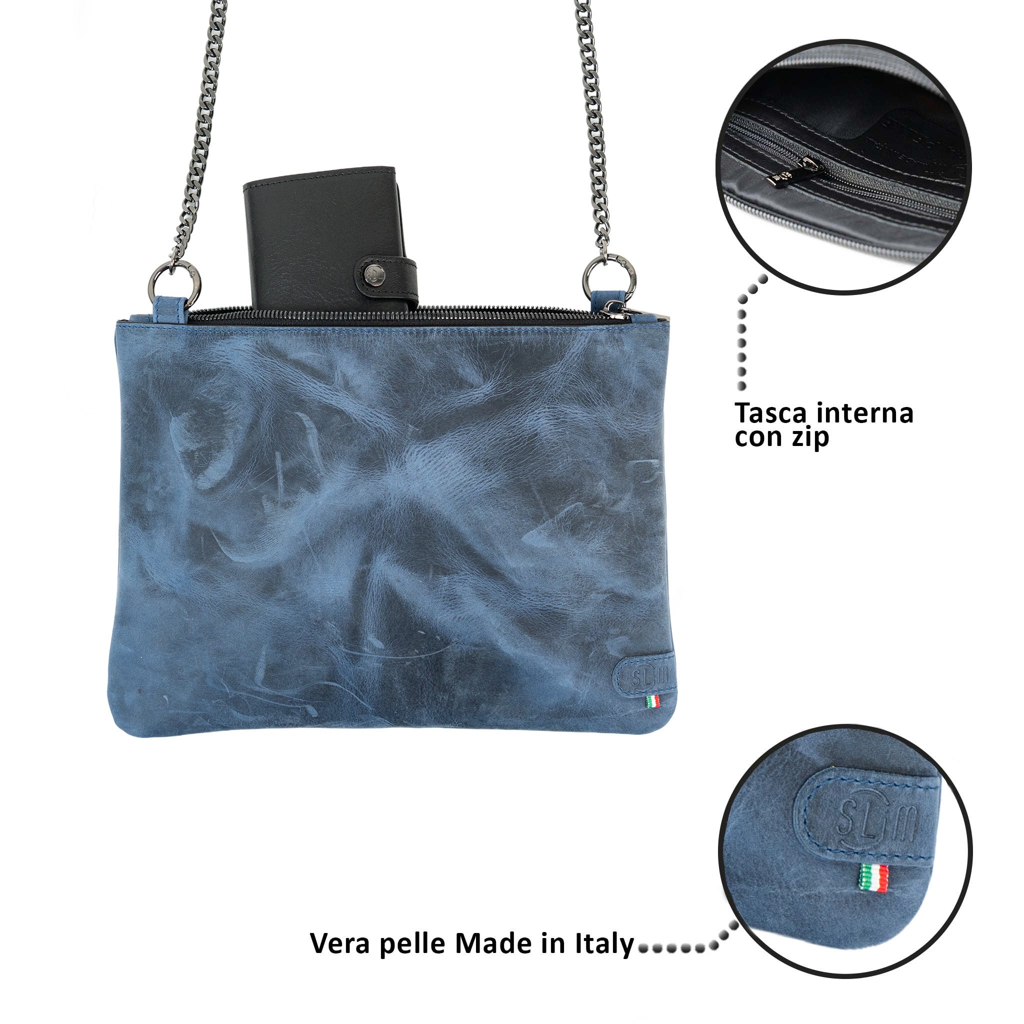 Pochette con Tracolla Vera Pelle Crazy Blu