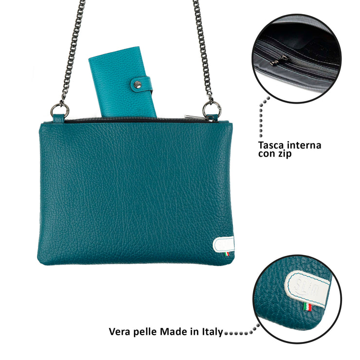 Pochette con Tracolla Vera Pelle Bottalato Petrolio