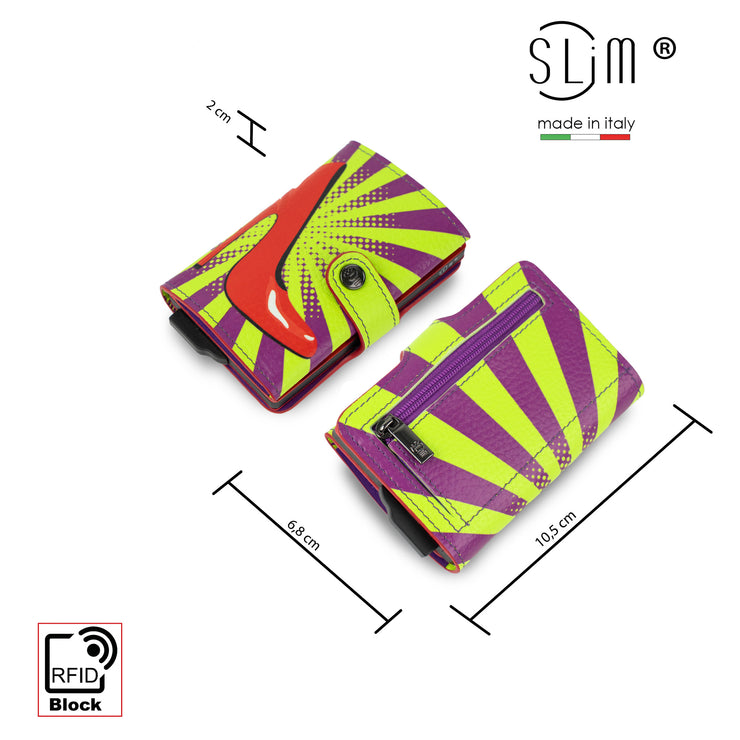 SLim®️Tacchi Pop Art Vera Pelle Bottalato con zip porta monete