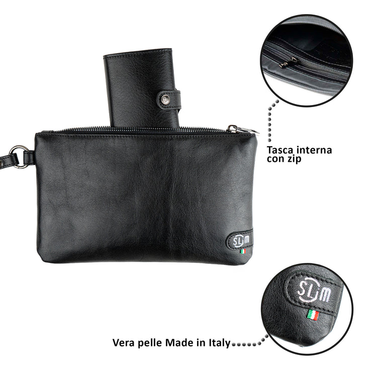 Pochette con Polsiera Vera Pelle Vegetale Nero