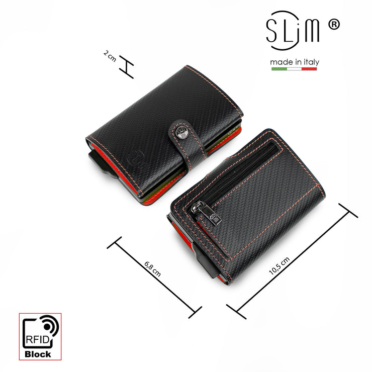 Porta Carte Vera Pelle Carbon Style Nero/Rosso con zip
