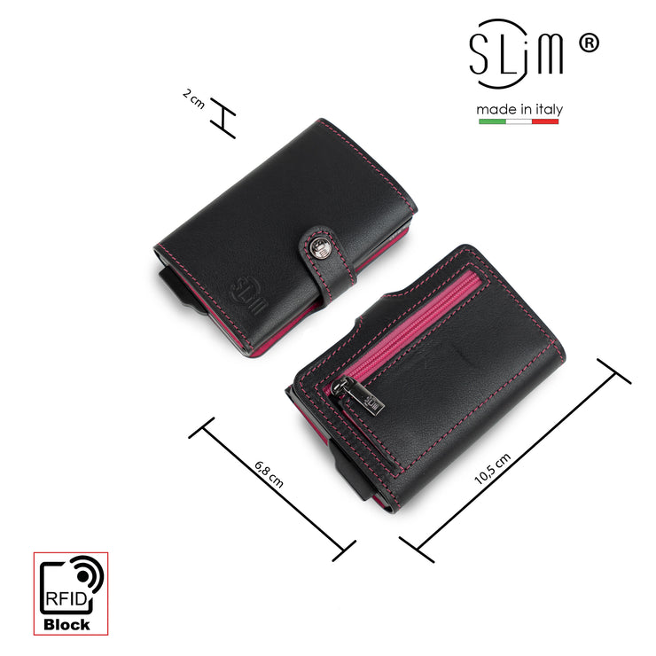 Porta Carte Vera Pelle Nero e Fucsia