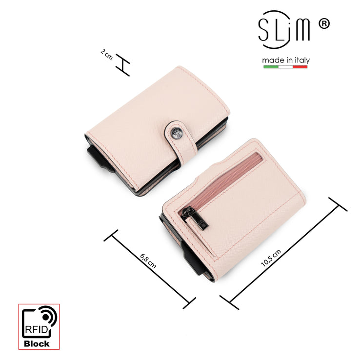 Porta Carte Vera Pelle Saffiano Anti Graffio Rosa con Zip