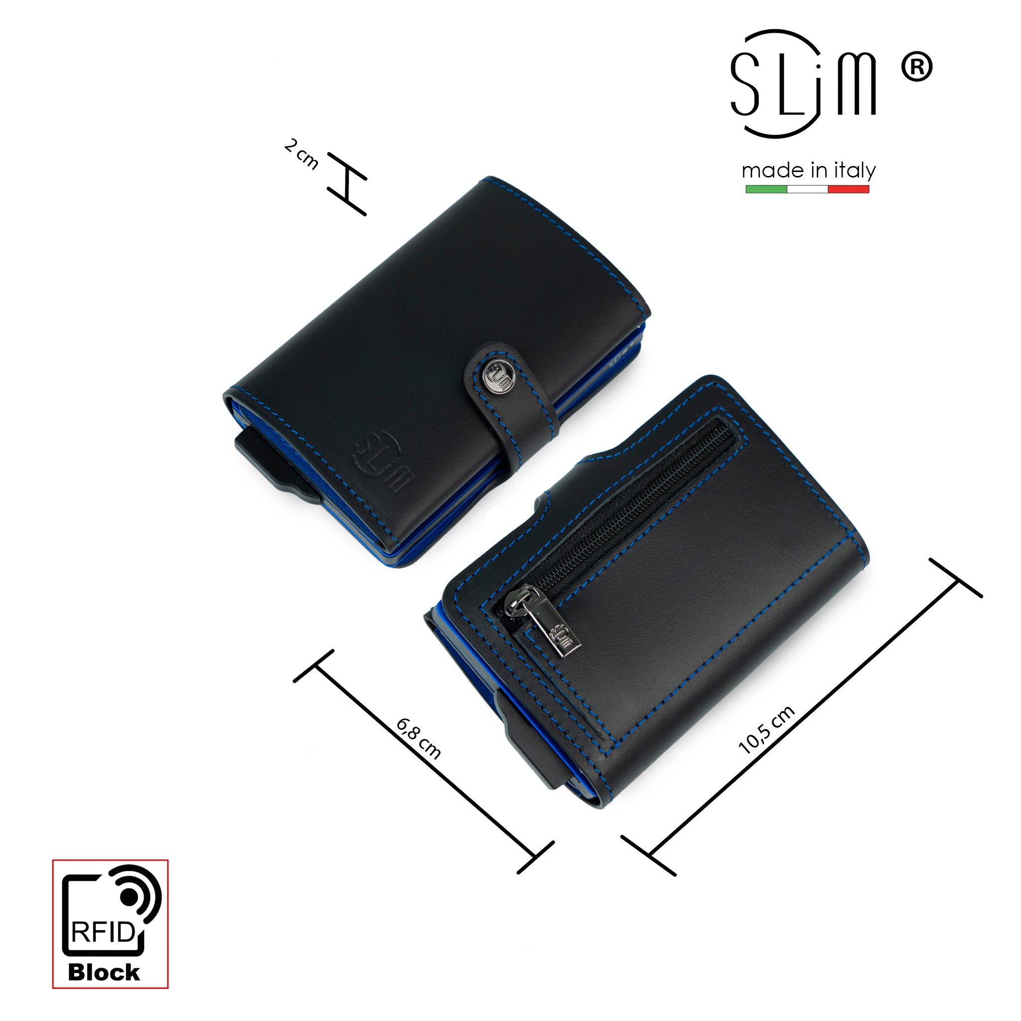 Porta Carte Vera Pelle Nero Blu con zip porta monete