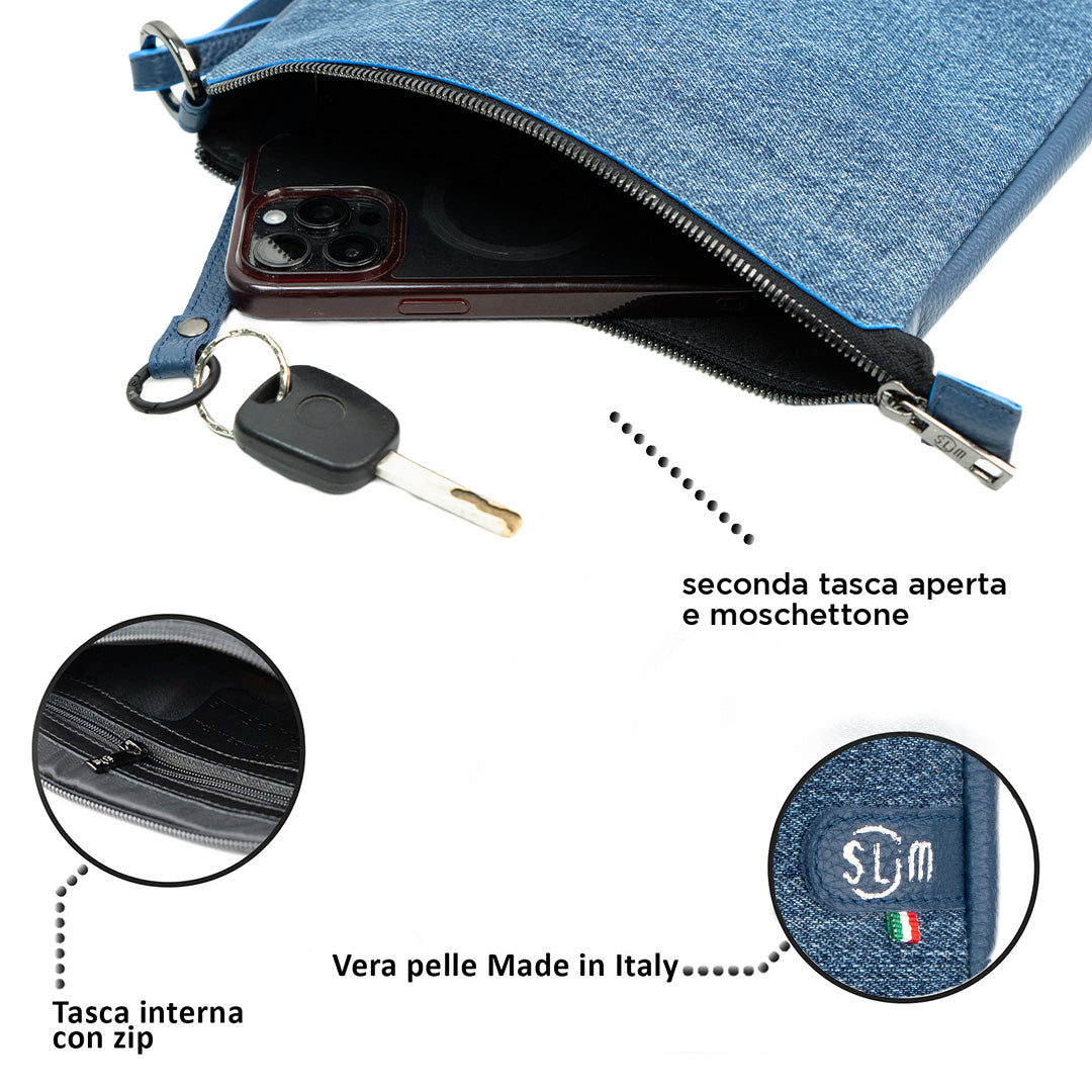 Pochette Max Jeans e Vera Pelle Blu Bottalata con zip porta monete