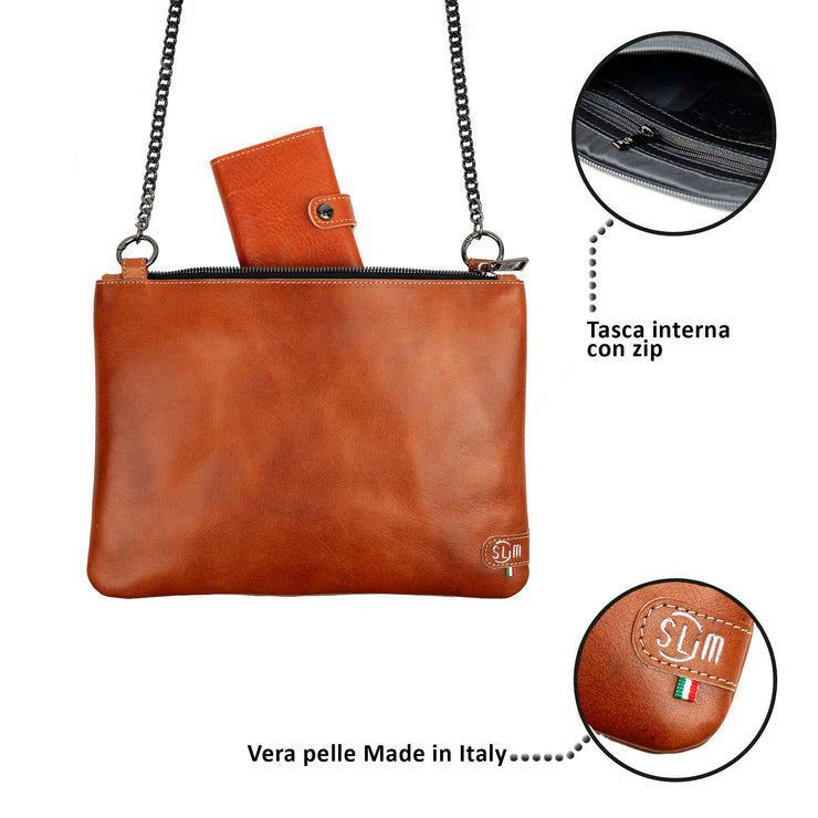 Pochette con Tracolla Vera Pelle Vegetale Cognac