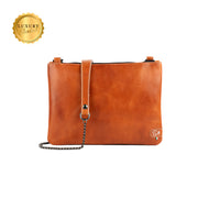 Cognac Genuine Vegetable Tanned Leather Clutch Bag with Shoulder Strap