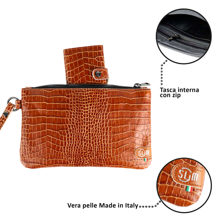 Pochette con Polsiera Vera Pelle Cocco Cuoio