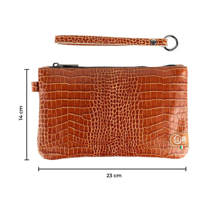 Pochette con Polsiera Vera Pelle Cocco Cuoio