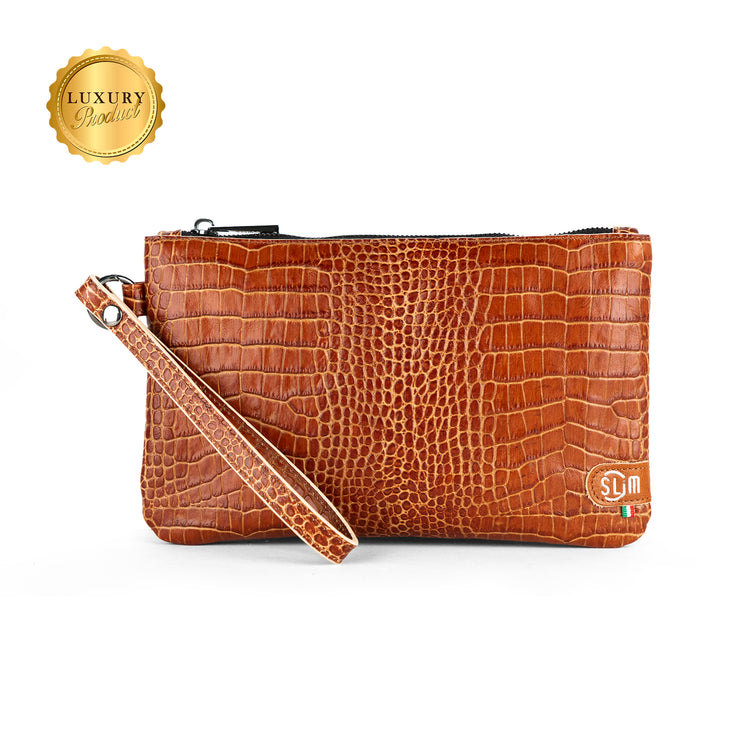 Pochette con Polsiera Vera Pelle Cocco Cuoio