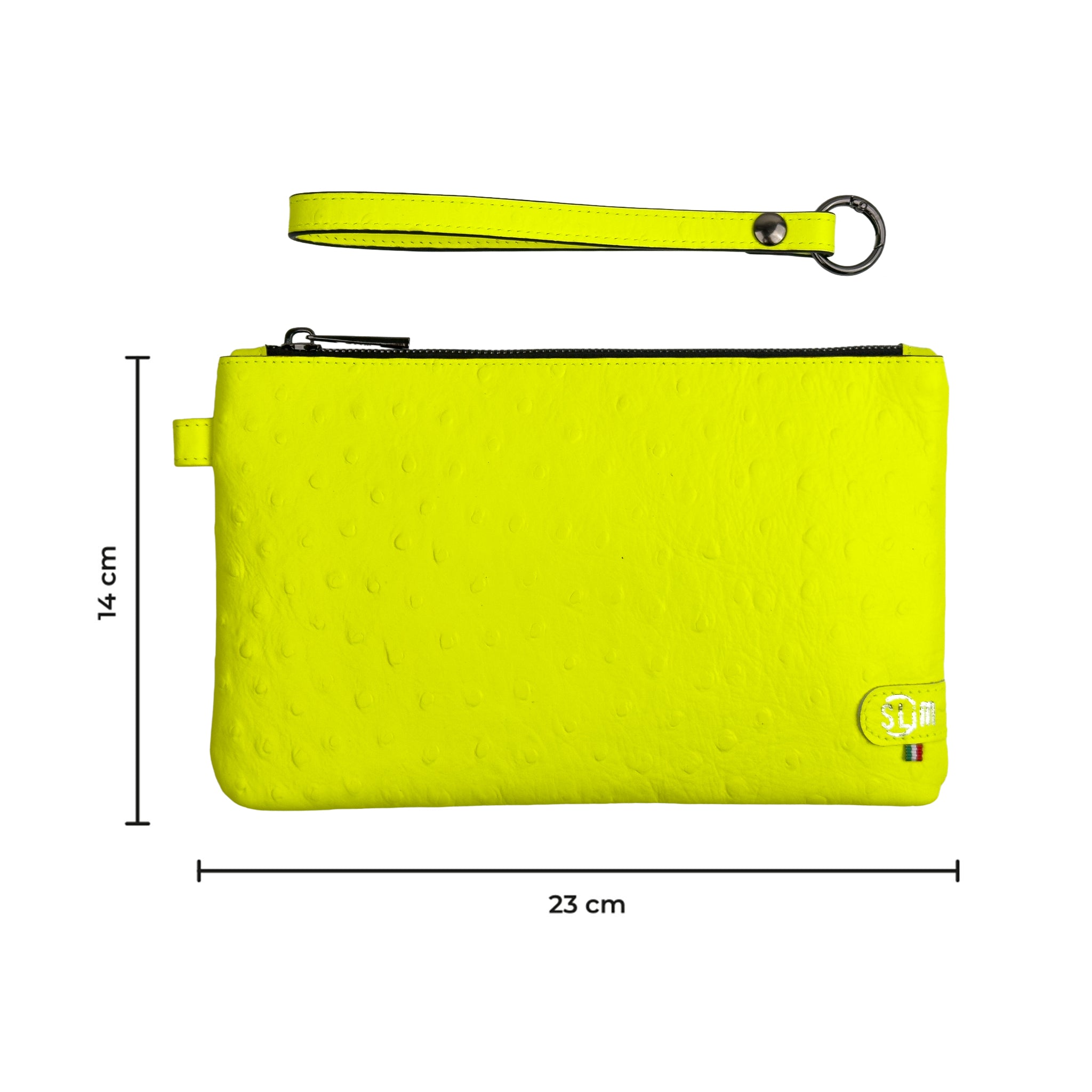 Pochette con Polsiera Vera Pelle Struzzo Giallo Fluo