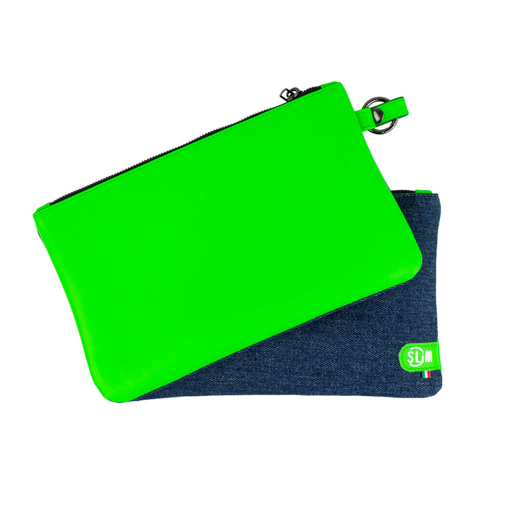 Pochette con Polsiera Vera Pelle Jeans/ Vera Pelle Verde Fluo