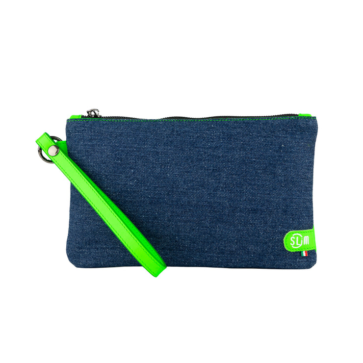 Pochette con Polsiera Vera Pelle Jeans/ Vera Pelle Verde Fluo