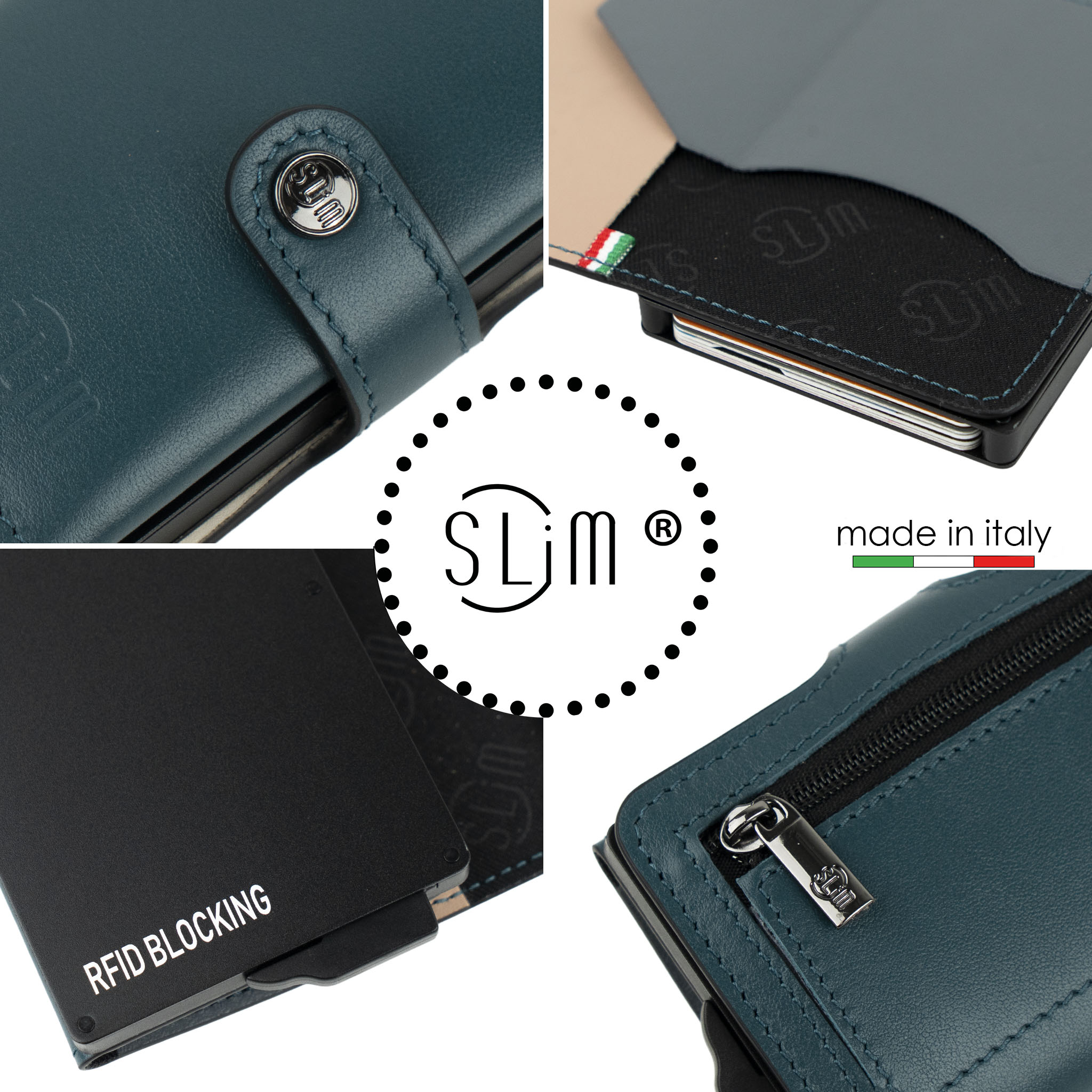 Porta Carte Vera Pelle Multicolor Blu Petrolio Con Zip