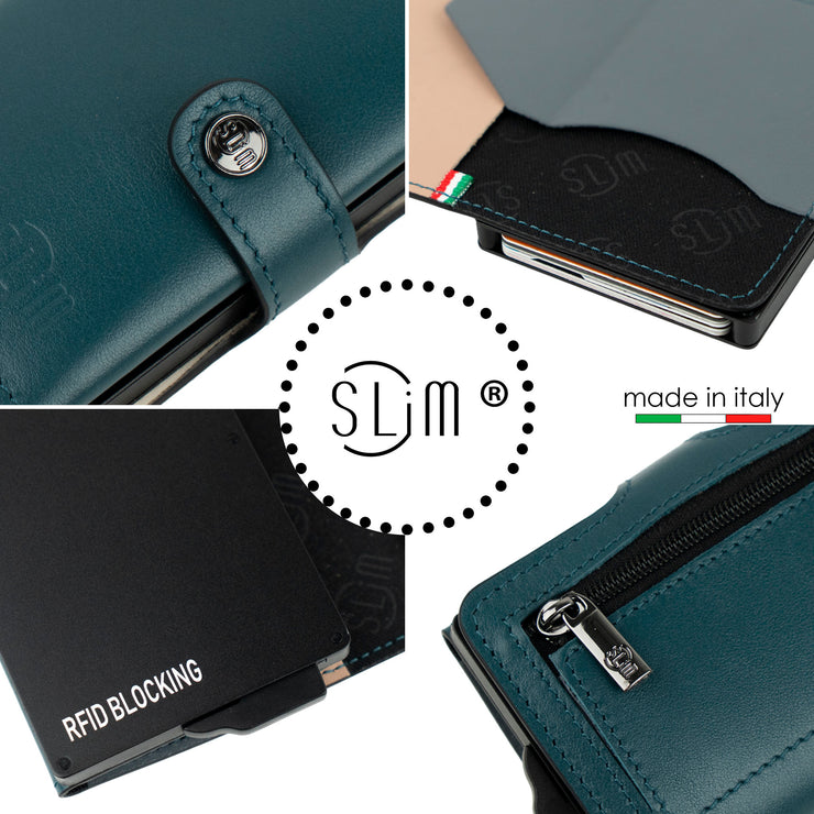 Porta Carte Vera Pelle Multicolor Blu Petrolio Con Zip